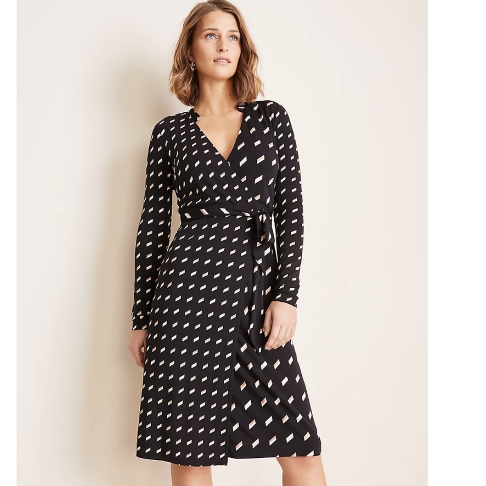 Ann Taylor Black Geometric Print Long Sleeve Wrap Dress